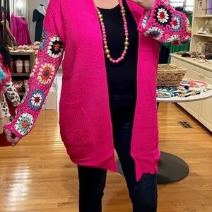 Blakeley Vibrant Pink Cardigan with Colorful Crochet Knit Sleeves